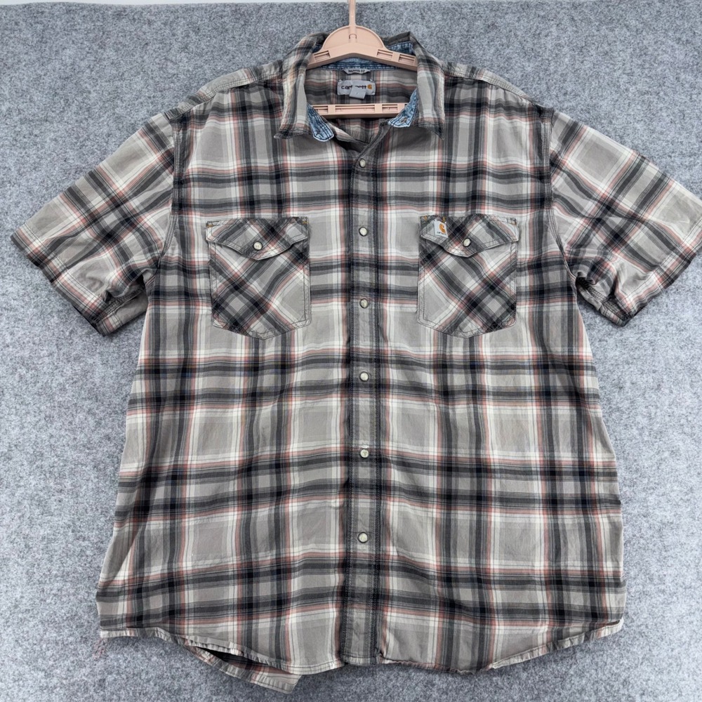 Carhartt Men 2XL Relaxed Fit Short Sleeve Plaid Pearl Snap Work Shirt Fits Lk XL